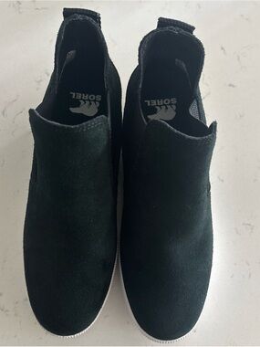 Sorel W’s Out N About Boots 7.5 Blk Suede Wedge II SlipOn Ankle Boots ~Worn Once
